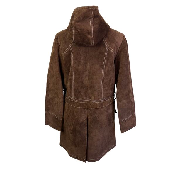 Vintage Retro 70s 80s Suede Jacket Hip Length Hooded Belted Brown Fitted XS - Picture 4 of 16